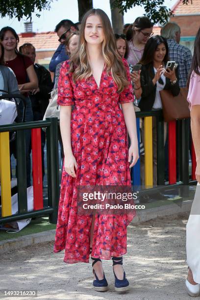 Crown Princess Leonor of Spain arrives for the confirmation of Princess Sofia of Spain at the Asuncion de Nuestra Señora Church in the municipality...