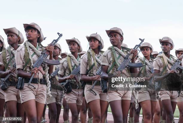 Members of Eritreas armed forces march past a reviewing stand where President Isaias Afewerki and numerous dignitaries and government officials where...