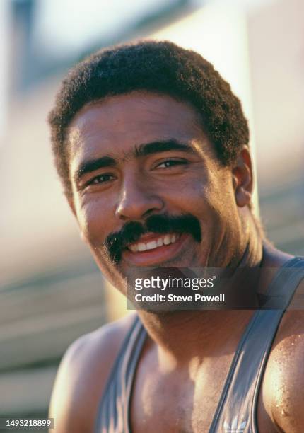 Portrait of Olympic and World Decathlon Gold medalist Daley Thompson from Great Britain during a training session for the Decathlon on 1st March 1985...