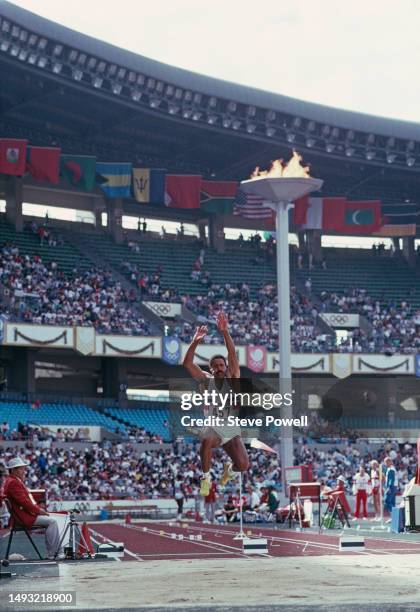 Olympic Gold medalist Daley Thompson from Great Britain competes in the Long Jump discipline of the Men's Decathlon competition at the XXIV Summer...