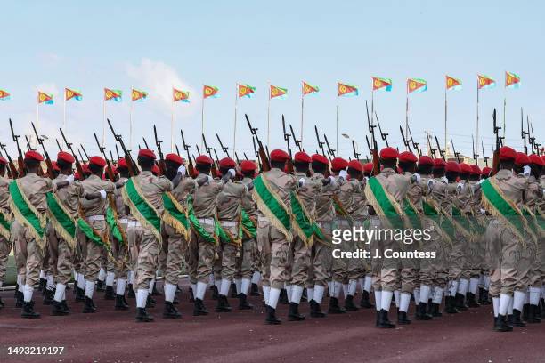 Members of Eritreas armed forces march past a reviewing stand where President Isaias Afewerki and numerous dignitaries and government officials where...