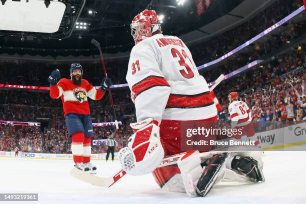 Radko Gudas of the Florida Panthers celebrates a second period goal by Ryan Lomberg against Frederik Andersen of the Carolina Hurricanes in Game Four...