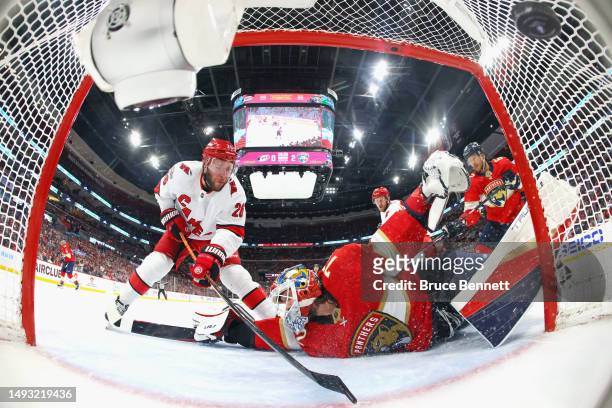 Paul Stastny of the Carolina Hurricanes scores on Sergei Bobrovsky of the Florida Panthers in Game Four of the Eastern Conference Finals of the 2023...