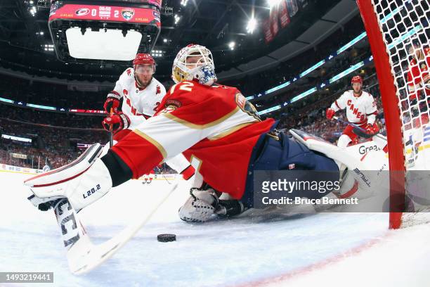 Paul Stastny of the Carolina Hurricanes scores on Sergei Bobrovsky of the Florida Panthers in Game Four of the Eastern Conference Finals of the 2023...