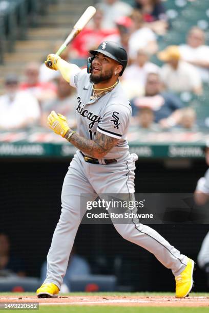 Yoan Moncada of the Chicago White Sox bats against the Cleveland Guardians during the first inning at Progressive Field on May 24, 2023 in Cleveland,...