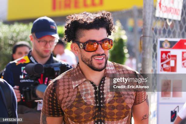 Bad Bunny attends to the previews ahead of the F1 Grand Prix of Monaco at Circuit de Monaco on May 25, 2023 in Monte-Carlo, Monaco.