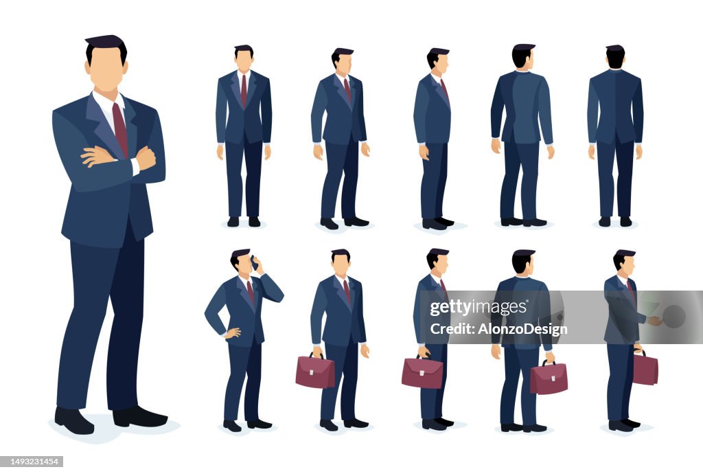 Conjunto de design de personagens do empresário. Design de poses diferentes.