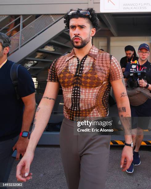 Bad Bunny attends to the previews ahead of the F1 Grand Prix of Monaco at Circuit de Monaco on May 25, 2023 in Monte-Carlo, Monaco.