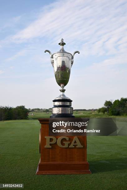 Detailed view of the Alfred S. Bourne Trophy during the first round of the KitchenAid Senior PGA Championship at Fields Ranch East at PGA Frisco on...