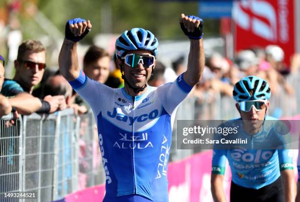 Michael Matthews of Australia and Team Jayco AlUla celebrates on the finish line after his teammate Filippo Zana of Italy and Italian Road Champion...