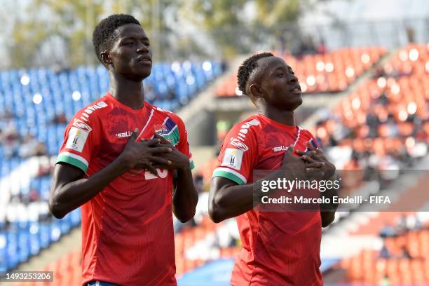 Adama Bojang and Ebrima Singhateh of Gambia celebrate the team's first goal an own goal of Tanguy Zoukrou of France during the FIFA U-20 World Cup...