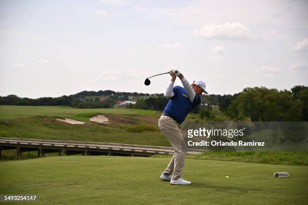 Ernie Els of South Africa plays his shot from the 10th tee during the first round of the KitchenAid Senior PGA Championship at Fields Ranch East at...