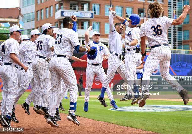 Dom Popa of the Pittsburgh Panthers celebrates his home run with his team against the Wake Forest Demon Deacons in the eighth inning during the ACC...