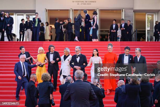 Koji Yanai, Aoi Yamada, Kōji Yakusho, Min Tanaka, Director Wim Wenders, Arisa Nakano, Donata Wenders and guests attend the "Perfect Days" red carpet...