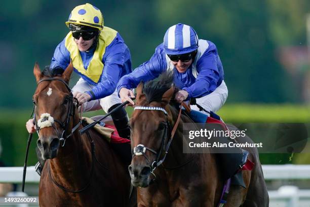 Jim Crowley riding Hukum win The Racehorse Lotto Brigadier Gerard Stakes from Richard Kingscote and Desert Crown at Sandown Park Racecourse on May...