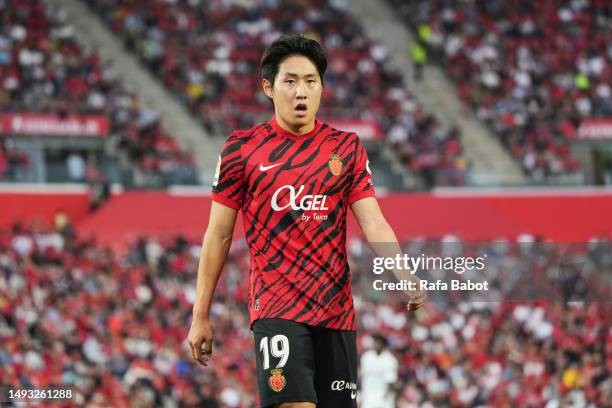 Kang-in Lee of RCD Mallorca looks on during the LaLiga Santander match between RCD Mallorca and Valencia CF at Visit Mallorca Estadi on May 25, 2023...