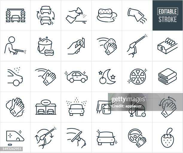 car wash thin line icons - editable stroke - washing up glove stock illustrations