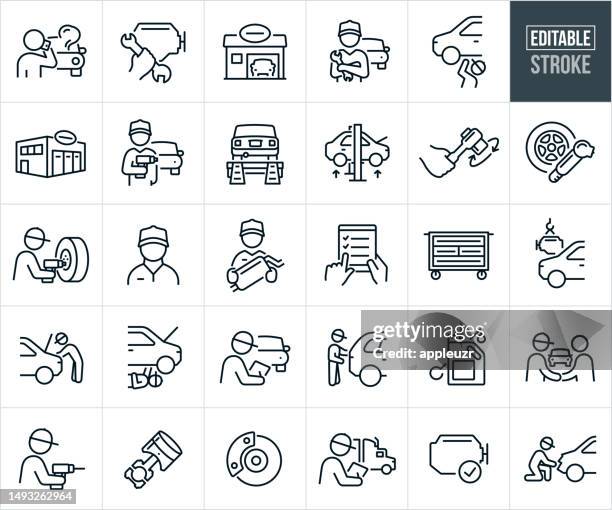 ilustraciones, imágenes clip art, dibujos animados e iconos de stock de auto repair shop thin line icons - trazo editable - mecanicos