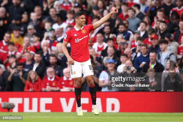 Casemiro of Manchester United celebrates after scoring the team's first goal during the Premier League match between Manchester United and Chelsea FC...