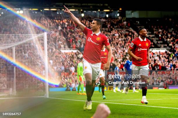 Casemiro of Manchester United celebrates after scoring their sides first goal during the Premier League match between Manchester United and Chelsea...