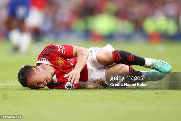 Antony of Manchester United reacts as they appear to be injured during the Premier League match between Manchester United and Chelsea FC at Old...