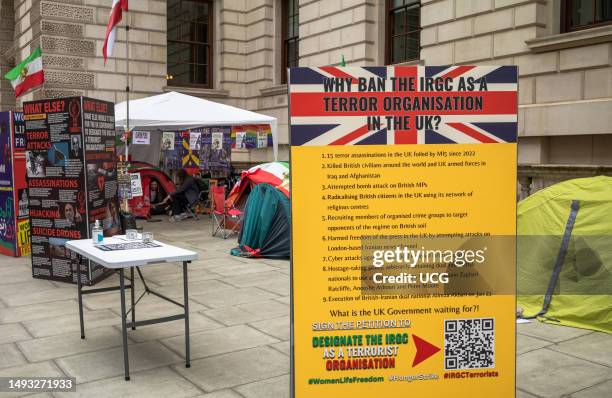 The camp outside the Foreign and Commonwealth Office in Whitehall, London, UK, where Vahid Beheshti was on hunger strike for 72 days before being...