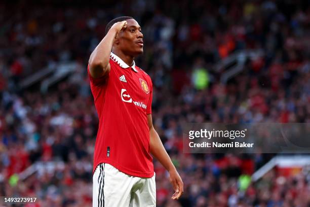 Anthony Martial of Manchester United celebrates after scoring the team's second goal during the Premier League match between Manchester United and...