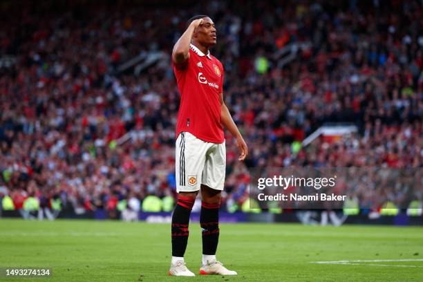 Anthony Martial of Manchester United celebrates after scoring the team's second goal during the Premier League match between Manchester United and...