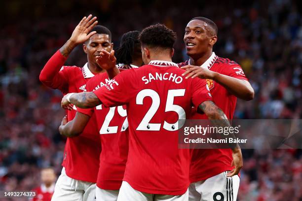 Anthony Martial of Manchester United celebrates with Jadon Sancho, Aaron Wan-Bissaka and Marcus Rashford after scoring the team's second goal during...