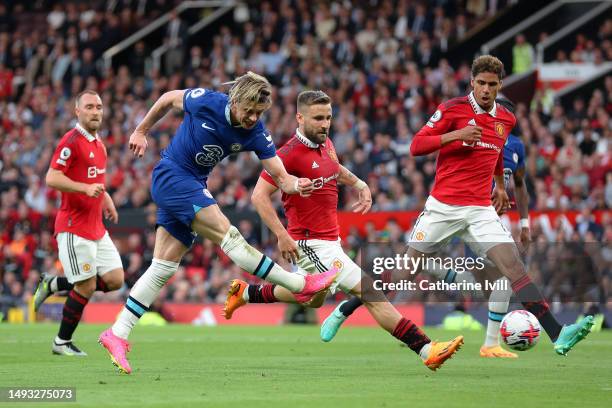 Conor Gallagher of Chelsea shoots during the Premier League match between Manchester United and Chelsea FC at Old Trafford on May 25, 2023 in...
