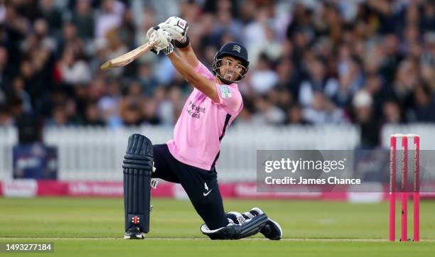 Max Holden of Middlesex bats during the Vitality Blast match between Middlesex and Surrey at Lord's Cricket Ground on May 25, 2023 in London, England.