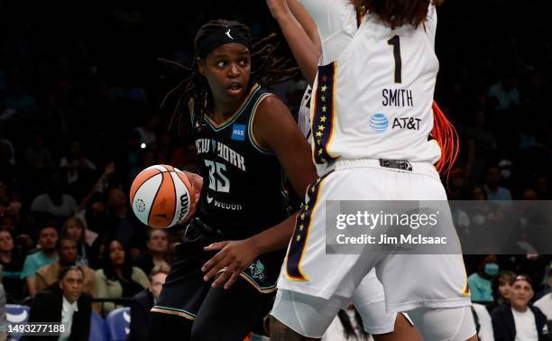 Jonquel Jones of the New York Liberty in action against the Indiana Fever at Barclays Center on May 21, 2023 in New York City. The Liberty defeated...