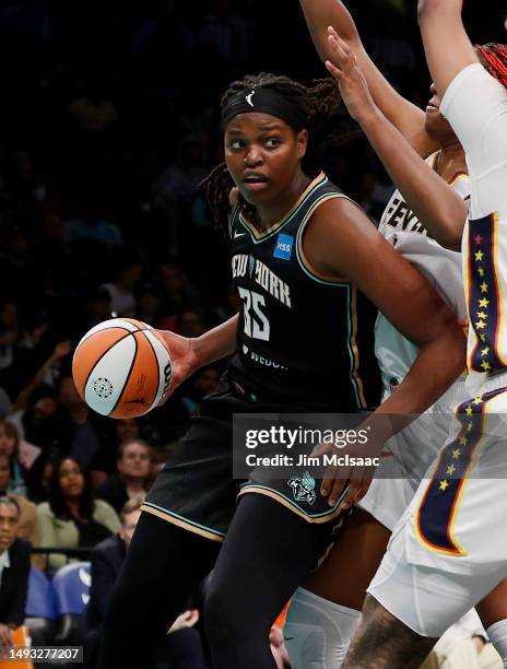 Jonquel Jones of the New York Liberty in action against the Indiana Fever at Barclays Center on May 21, 2023 in New York City. The Liberty defeated...