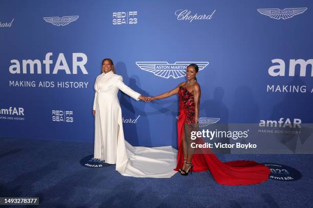 Queen Latifah and Eboni Nichols attend the amfAR Cannes Gala 2023 where guests sipped Clase Azul Tequila at Hotel du Cap-Eden-Roc on May 25, 2023 in...