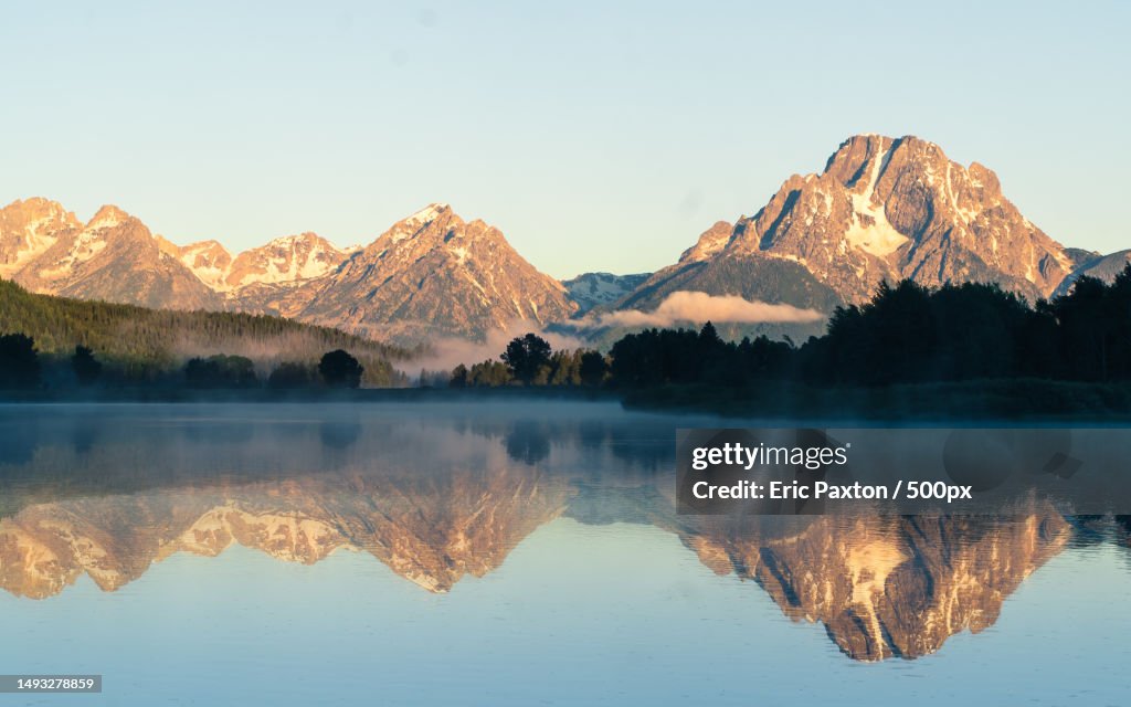 Scenic view of lake and mountains against clear sky,Moran,Wyoming,United States,USA