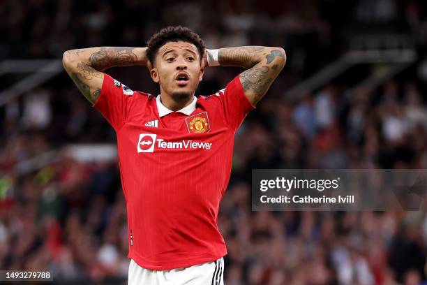 Jadon Sancho of Manchester United reacts during the Premier League match between Manchester United and Chelsea FC at Old Trafford on May 25, 2023 in...