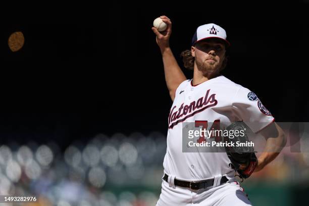 Starting pitcher Jake Irvin of the Washington Nationals works the first inning against the San Diego Padres at Nationals Park on May 25, 2023 in...