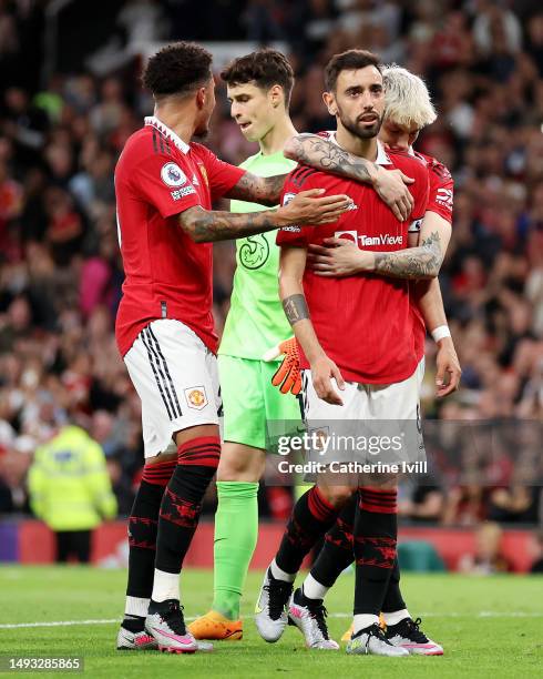 Bruno Fernandes of Manchester United celebrates with Alejandro Garnacho after scoring the team's third goal during the Premier League match between...