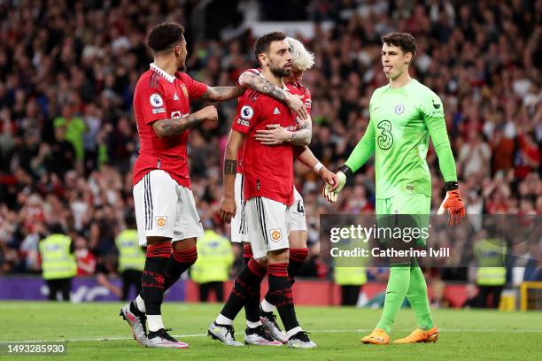 Bruno Fernandes of Manchester United celebrates with Alejandro Garnacho after scoring the team's third goal during the Premier League match between...