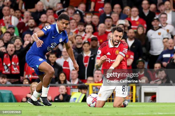 Bruno Fernandes of Manchester United is fouled by Wesley Fofana of Chelsea leading to a penalty being awarded during the Premier League match between...