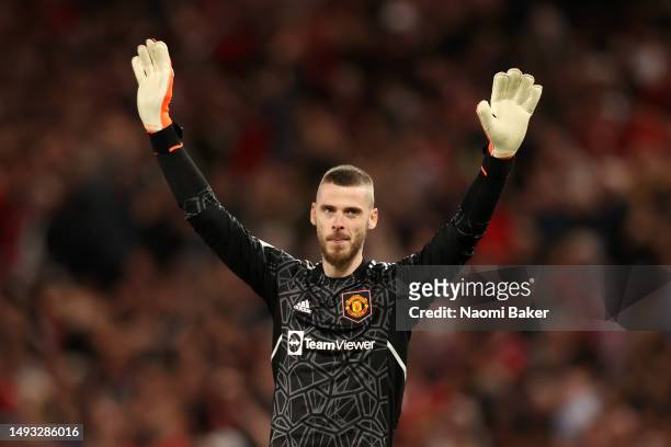 David De Gea of Manchester United celebrates their side's fourth goal scored by Marcus Rashford of Manchester United during the Premier League match...