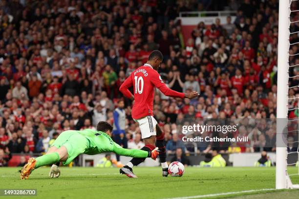 Marcus Rashford of Manchester United scores the team's fourth goal past Kepa Arrizabalaga of Chelsea during the Premier League match between...