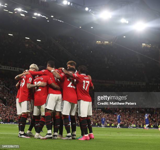 Marcus Rashford of Manchester United celebrates scoring their fourth goal during the Premier League match between Manchester United and Chelsea FC at...