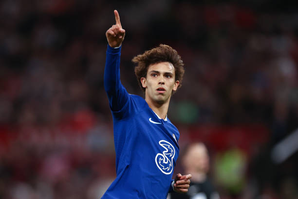 Joao Felix of Chelsea celebrates after scoring the team's first goal during the Premier League match between Manchester United and Chelsea FC at Old...