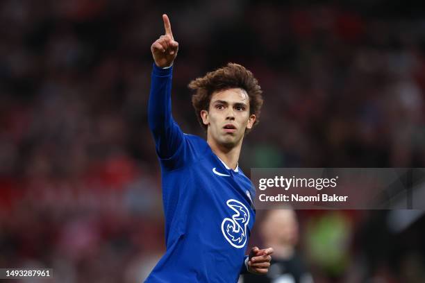 Joao Felix of Chelsea celebrates after scoring the team's first goal during the Premier League match between Manchester United and Chelsea FC at Old...