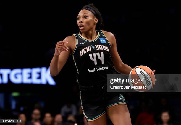 Betnijah Laney of the New York Liberty in action against the Indiana Fever at Barclays Center on May 21, 2023 in New York City. The Liberty defeated...