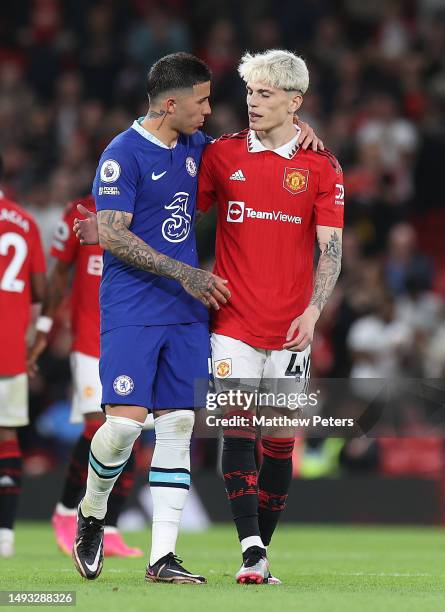 Alejandro Garnacho of Manchester United speaks to Enzo Fernandez of Chelsea after the Premier League match between Manchester United and Chelsea FC...