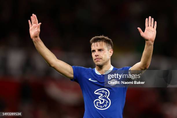 Cesar Azpilicueta of Chelsea acknowledges the fans after the Premier League match between Manchester United and Chelsea FC at Old Trafford on May 25,...