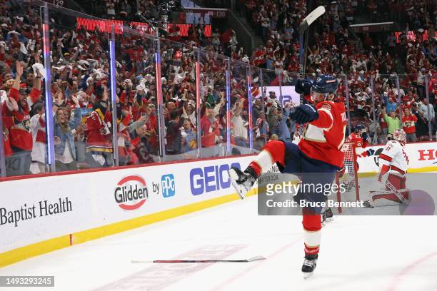 Matthew Tkachuk of the Florida Panthers scores a first period goal against the Carolina Hurricanes in Game Four of the Eastern Conference Finals of...