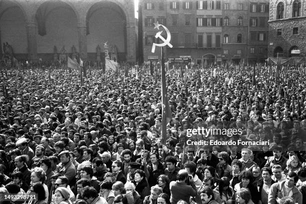 Elevated view of an Partito Comunista Italiano rally in Piazza della Signoria, Florence, Italy, February 17, 1980.